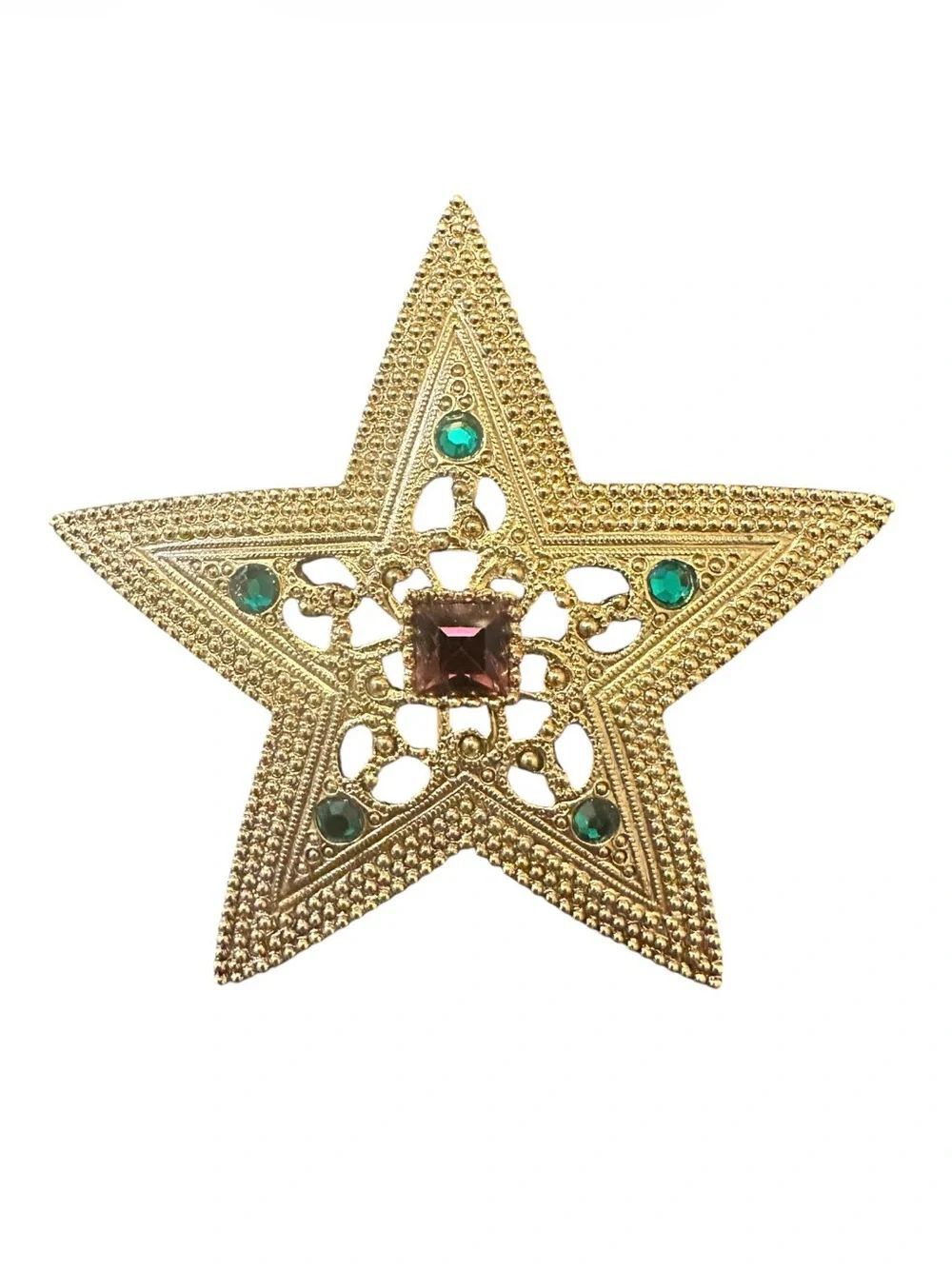 Vintage 1928 Gold Tone Star Pin Brooch with Purple and Green rhinestones. 2 3/8”